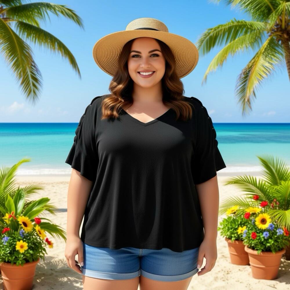 So Women’s 2X Black Relaxed Fit Tee Shirt Soft Stretchy Short Sleeve Strap Studs